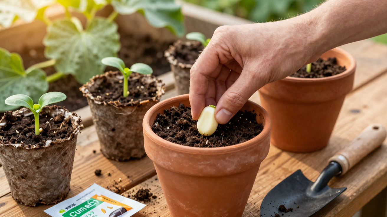 Hand placing a seed in a terracotta pot with seedlings and gardening tools on a wooden table.
