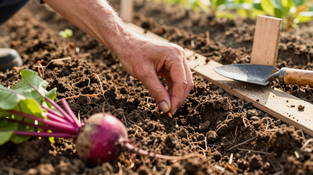 Hand planting a seed in soil beside a freshly harvested beetroot in a garden bed with gardening tools nearby.