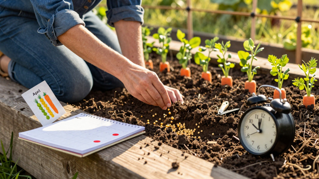 Person planting seeds in a garden bed with carrots, a notebook, and a black alarm clock showing 8:55.