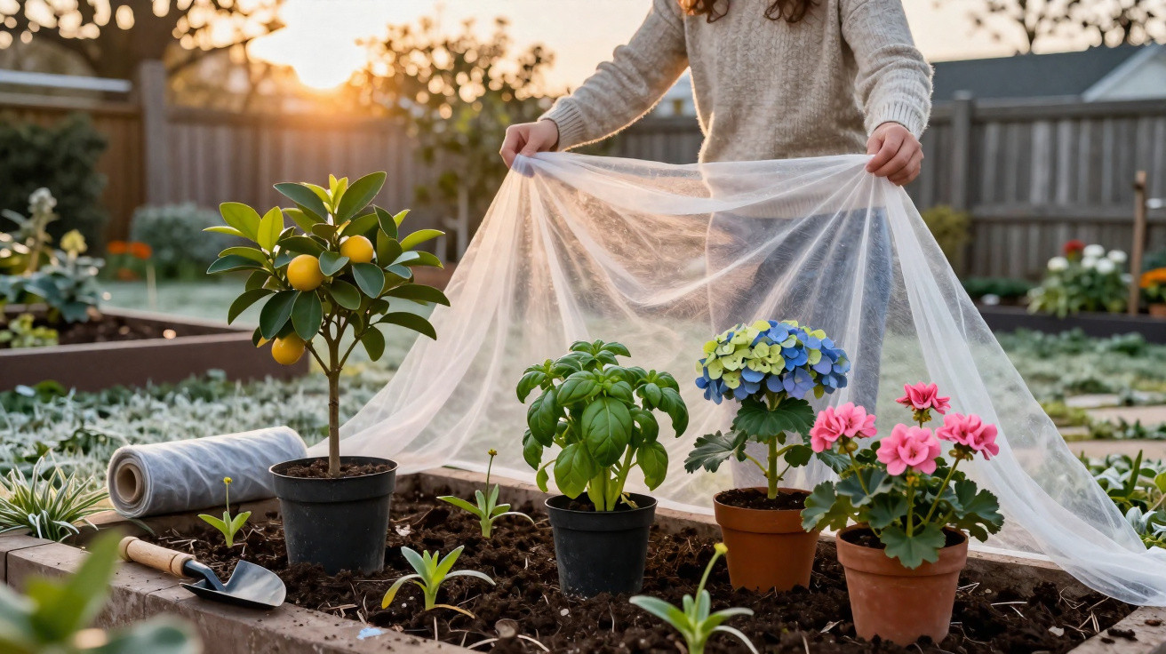 Person covering potted lemon tree and flowering plants with garden fleece in a raised bed at sunset.