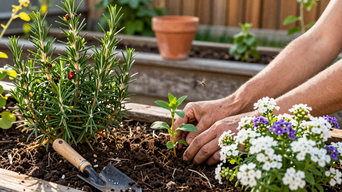 Hands planting a small seedling in a raised garden bed with flowers, rosemary, and a gardening trowel nearby.
