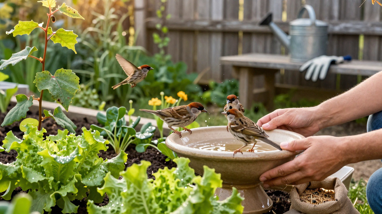Hands holding a birdbath with sparrows drinking water in a garden with green plants and flowers.