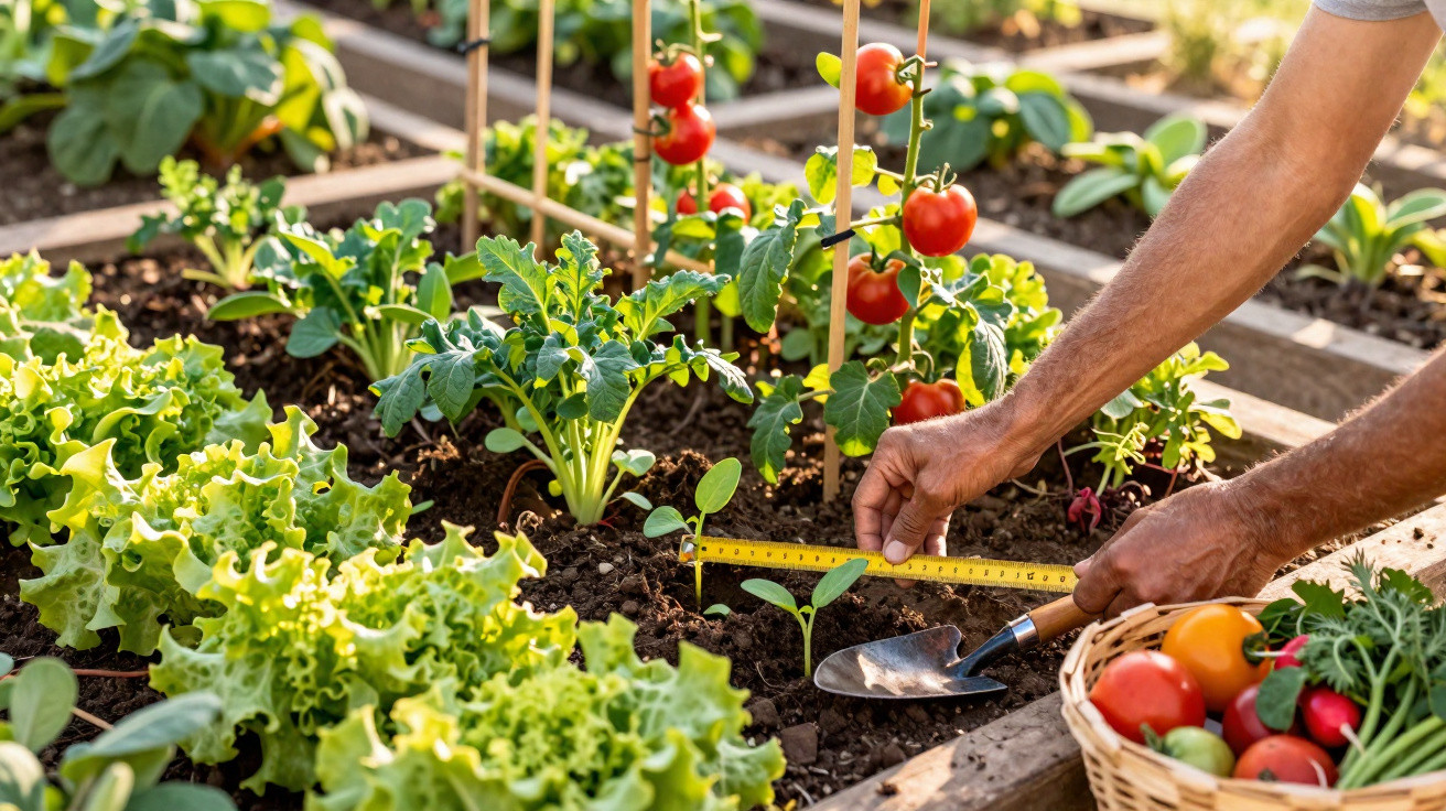 Person measuring a small plant in a raised vegetable garden with tomatoes and leafy greens growing nearby.