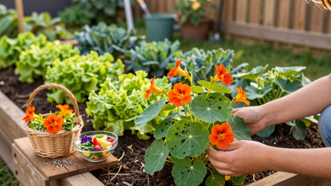 Hands tending to orange nasturtium flowers in a raised garden bed with leafy vegetables nearby.
