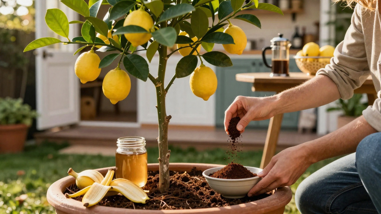 Person adding coffee grounds to lemon tree in large pot with jar of honey and banana peel nearby in garden.