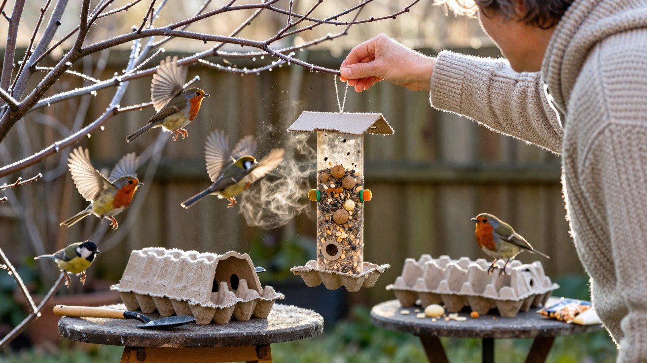 Person in a sweater hanging a bird feeder with robins and tits around two tables with egg cartons outdoors.