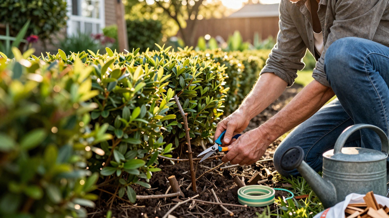 Person pruning a small plant in a garden bed next to a watering can during golden hour sunlight.