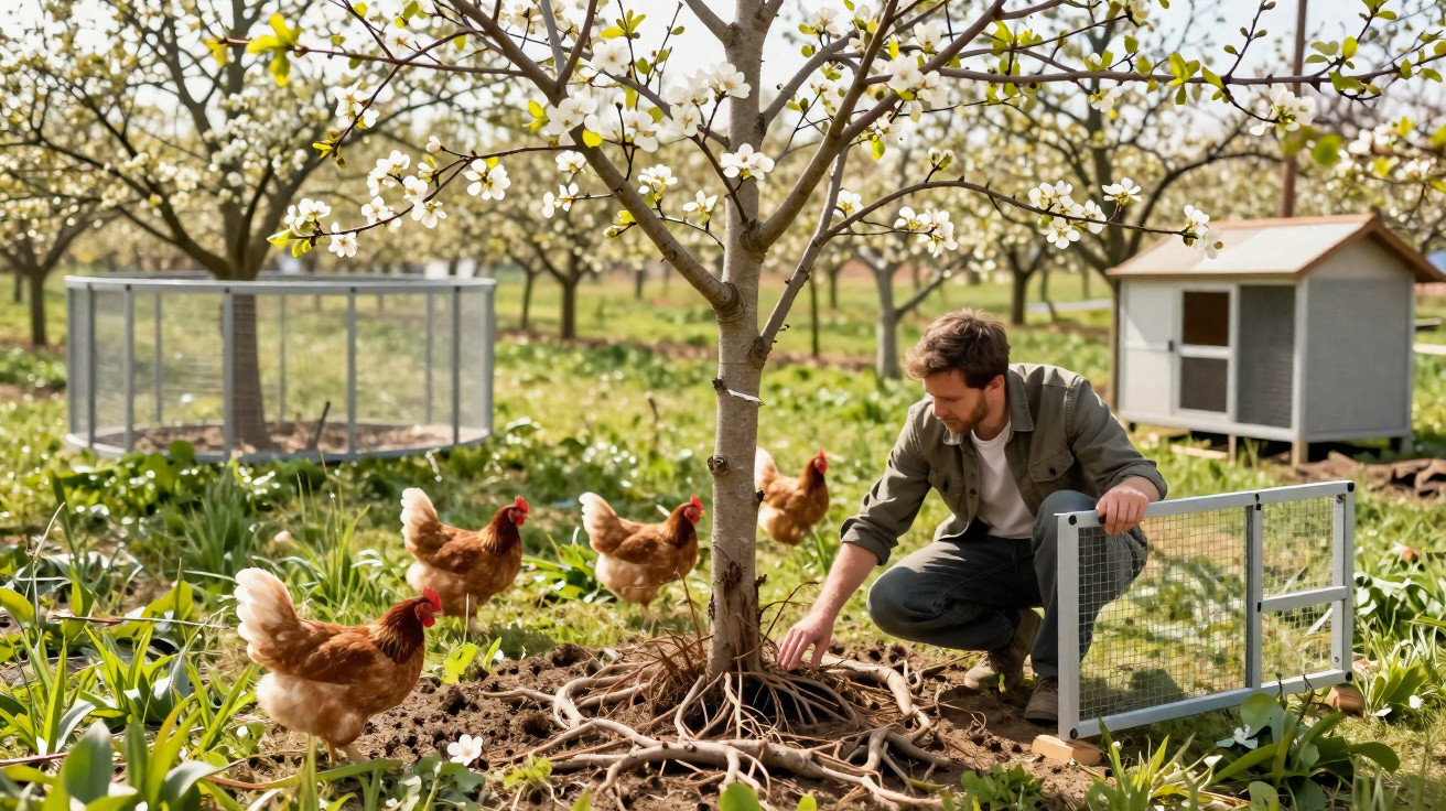 Man tending to a blossoming fruit tree with chickens roaming nearby in an orchard on a sunny day.
