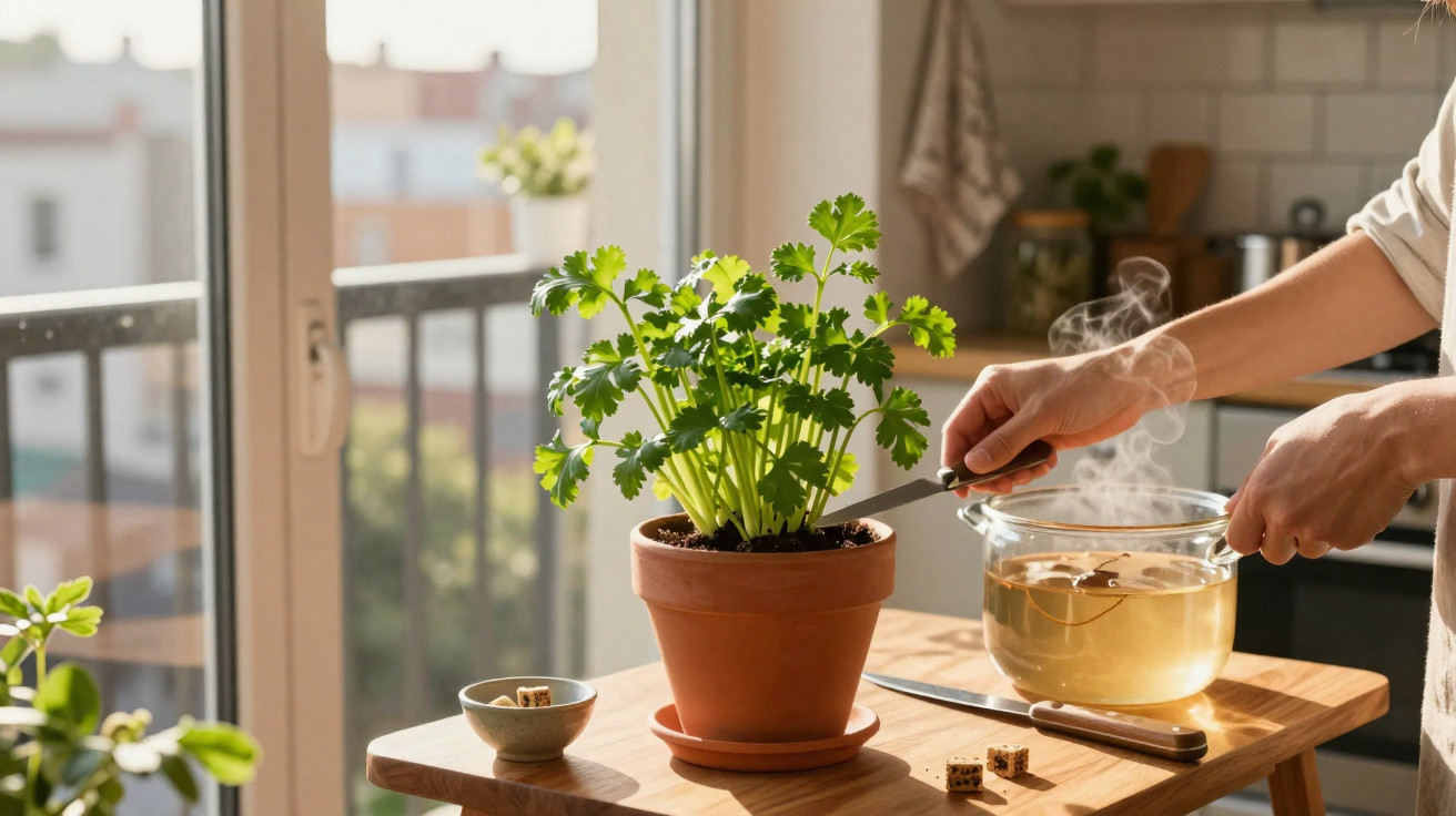 Person pouring hot water from a glass pot into a cup on a wooden table with a potted herb plant nearby.