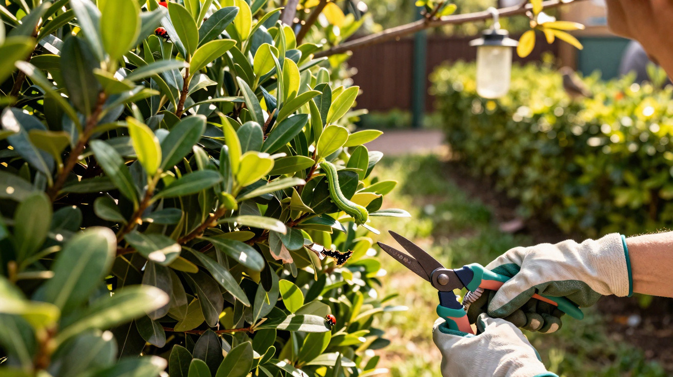 Hands wearing gardening gloves trimming a green bush with garden shears on a sunny day.