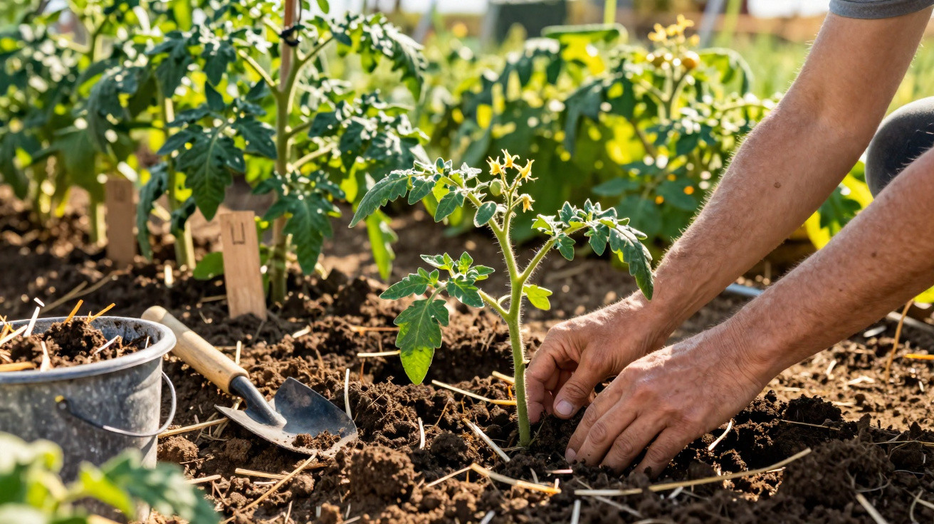 Hands planting a young tomato plant in soil with gardening tools and other plants in the background.