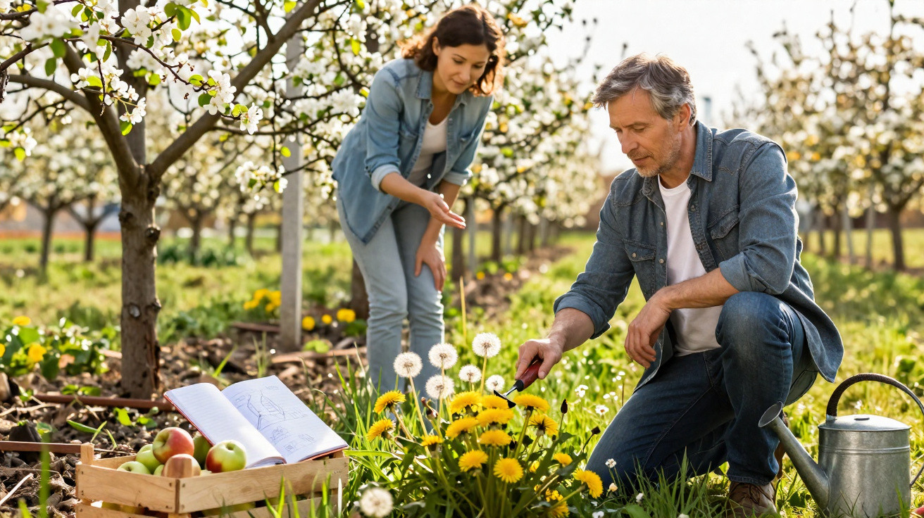 Man and woman tending to flowering plants in an orchard with a crate of apples and a watering can nearby.