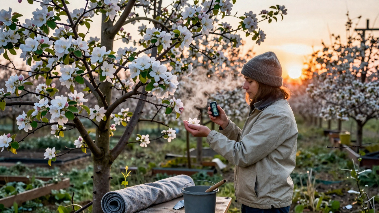 Person measuring temperature of a white blossom on a tree in a garden at sunrise.