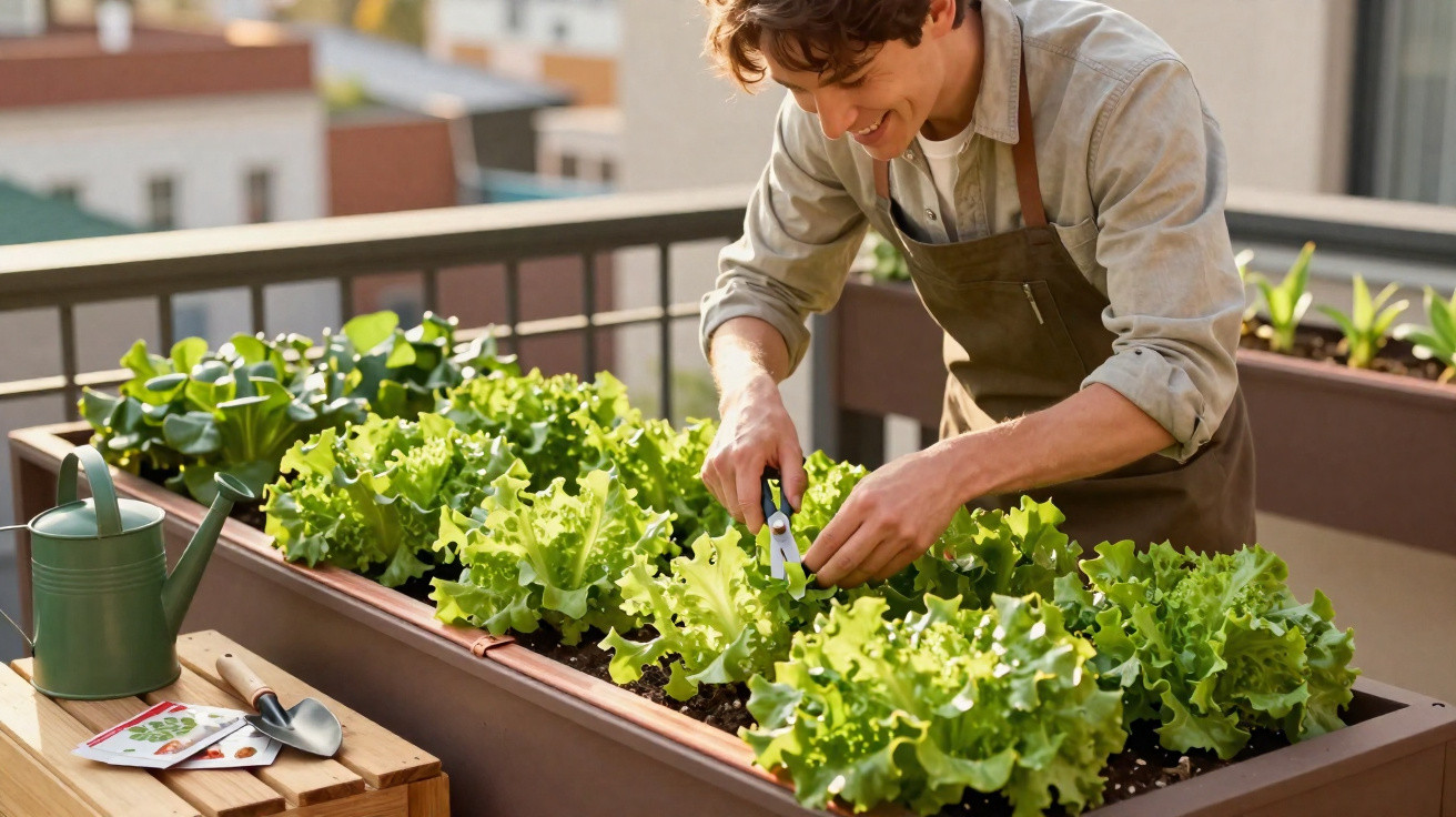Young man harvesting fresh lettuce in a rooftop garden planter on a sunny day.