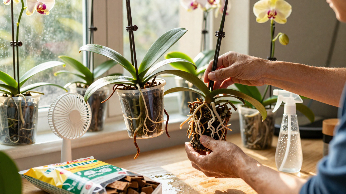 Hands tending to orchids in clear pots on a wooden table by a window with plant care supplies nearby.