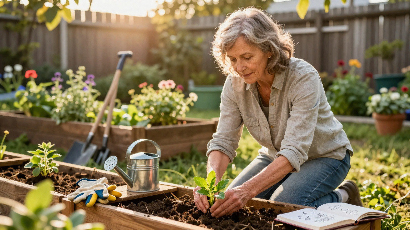 Older woman planting a small seedling in a raised garden bed on a sunny day.