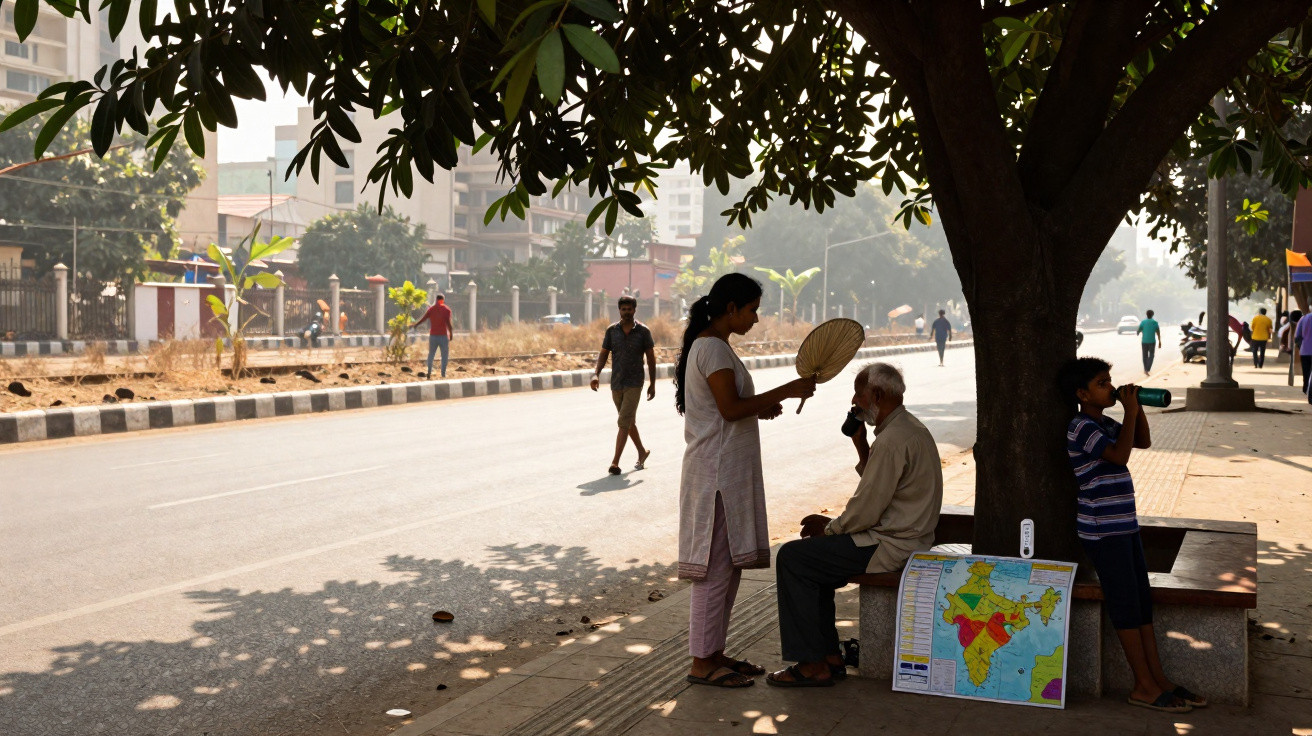 People resting in the shade of a tree by a roadside, with a map of India displayed nearby.