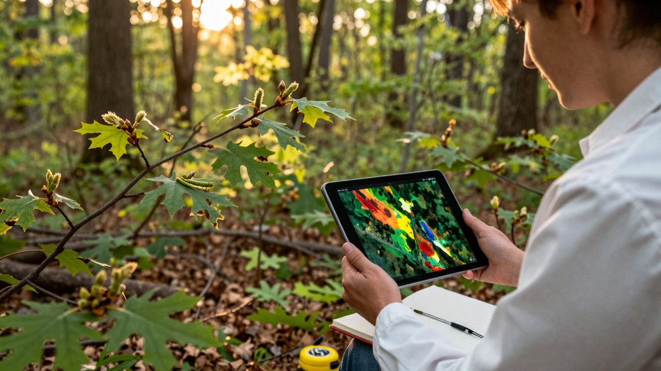 Person in a forest analysing colourful ecological data on a tablet with a notebook and measuring tape nearby.