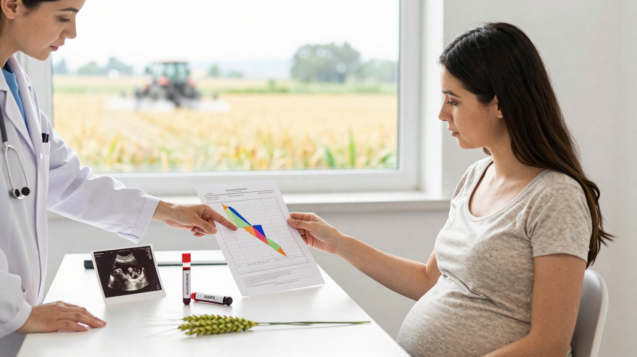 Pregnant woman consulting doctor reviewing medical chart with ultrasound and test tubes on table by window.