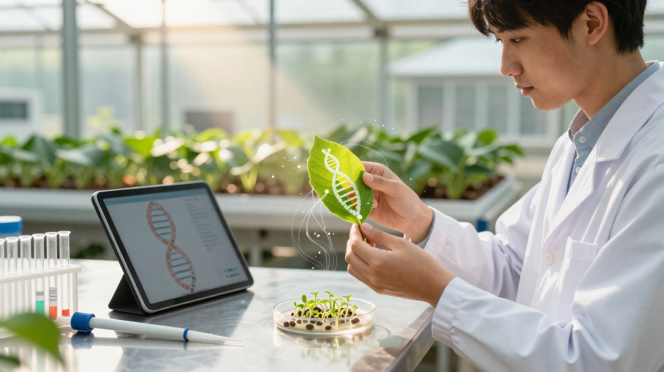 Scientist in lab coat examining a leaf with DNA graphic and seedlings on a table in a greenhouse.