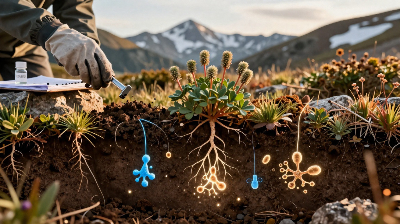 Scientist examining soil with glowing root microbes under alpine plants against mountain backdrop.