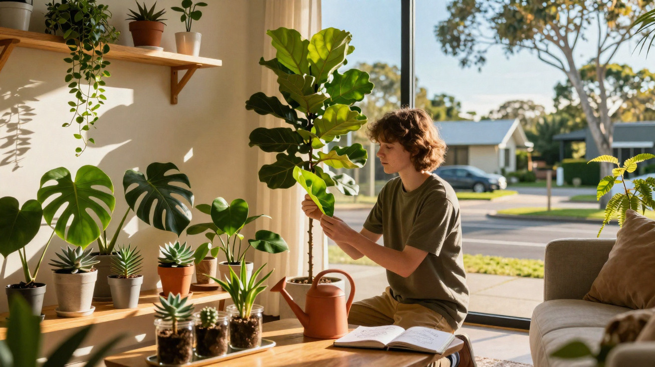 Person kneeling by indoor plants near a large window, tending to a fiddle leaf fig in a sunlit room.