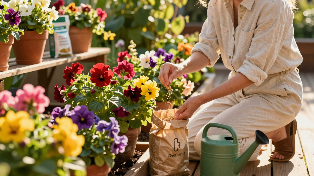 Person in beige clothes planting colourful pansies in pots on a wooden patio with gardening tools nearby.