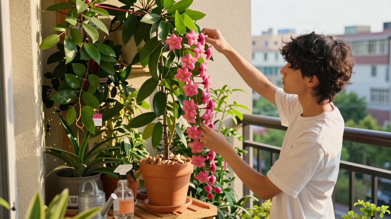 Person tending to a pink flowering plant on a balcony with other potted plants and gardening supplies.