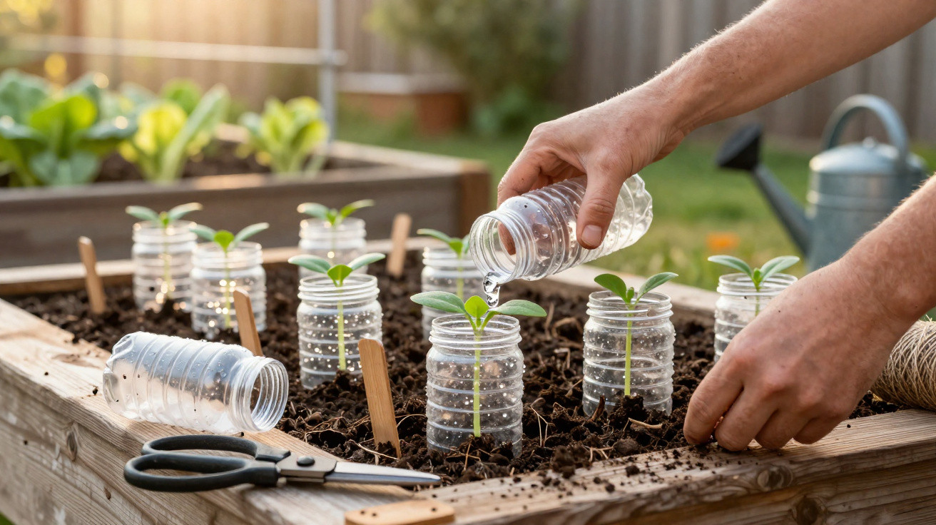 Hands watering seedlings planted in soil inside cut plastic bottle planters in a wooden garden bed.