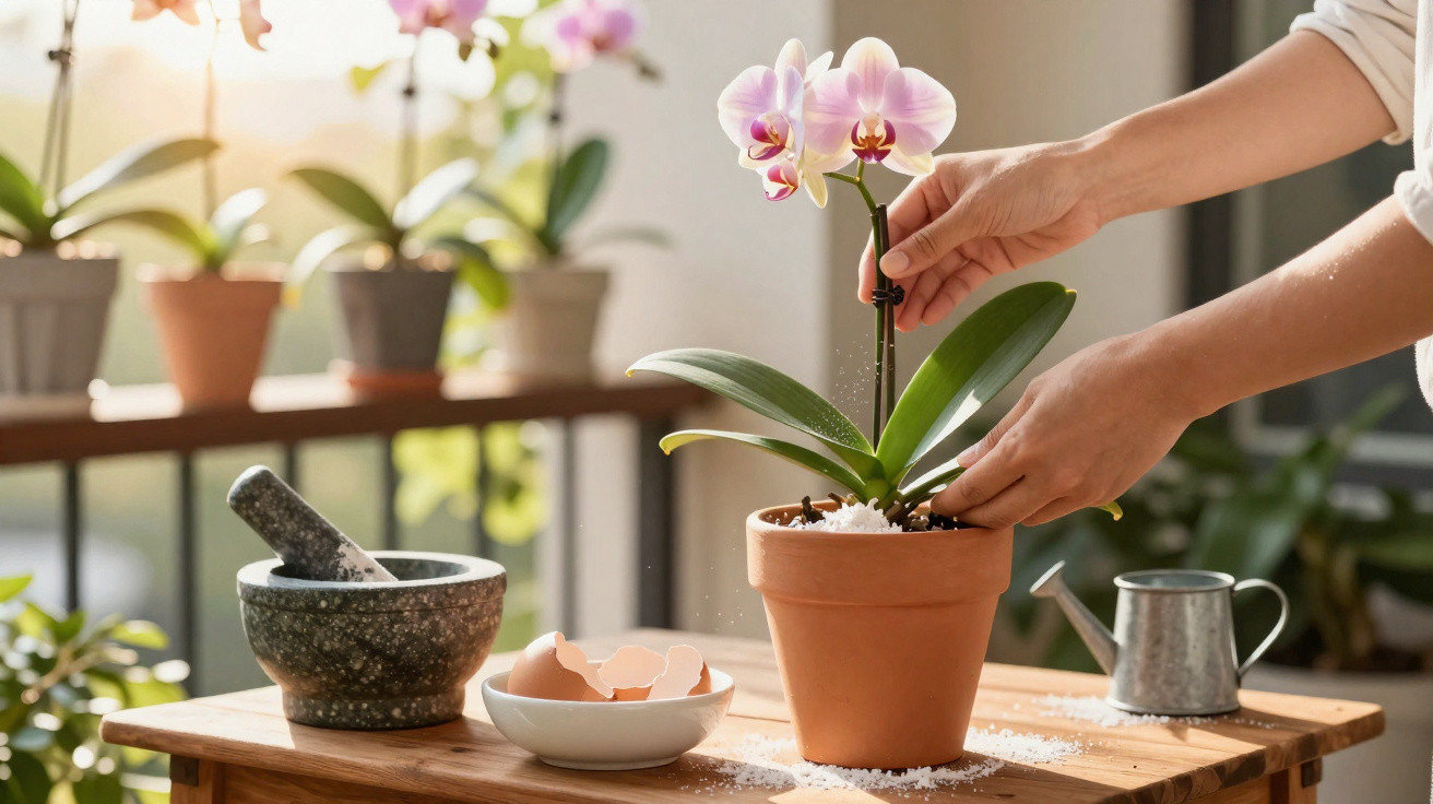 Hands sprinkling fertilizer on a potted orchid plant on a wooden table with gardening tools nearby.