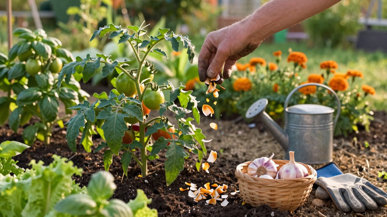 Hand sprinkling garlic cloves into soil near tomato plants in a garden with watering can and gloves nearby.