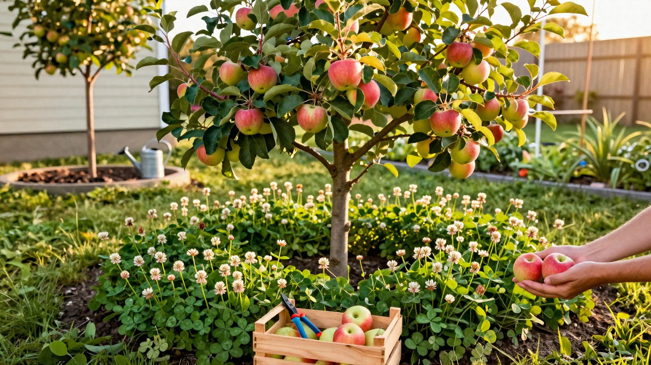 Close-up of a small apple tree with ripe fruit and a wooden crate filled with apples in a garden.