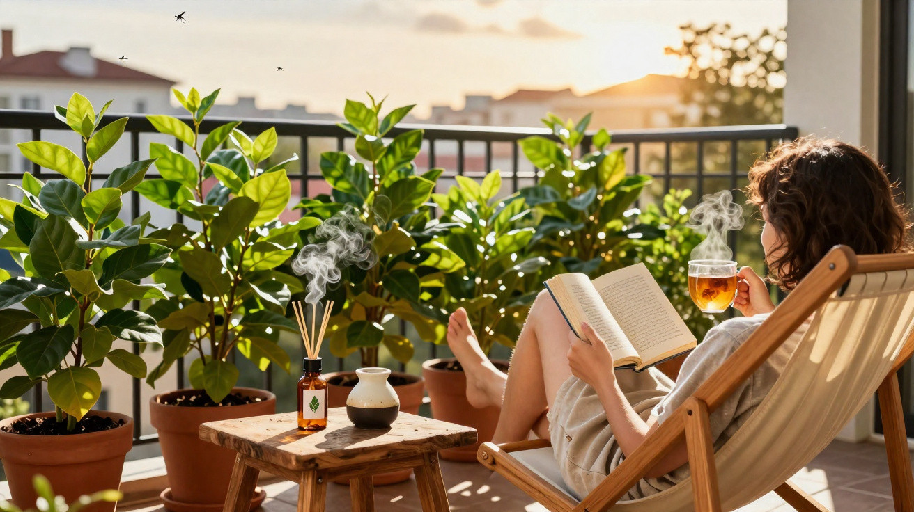 Woman relaxing on a balcony chair reading a book and drinking tea surrounded by potted plants at sunset.