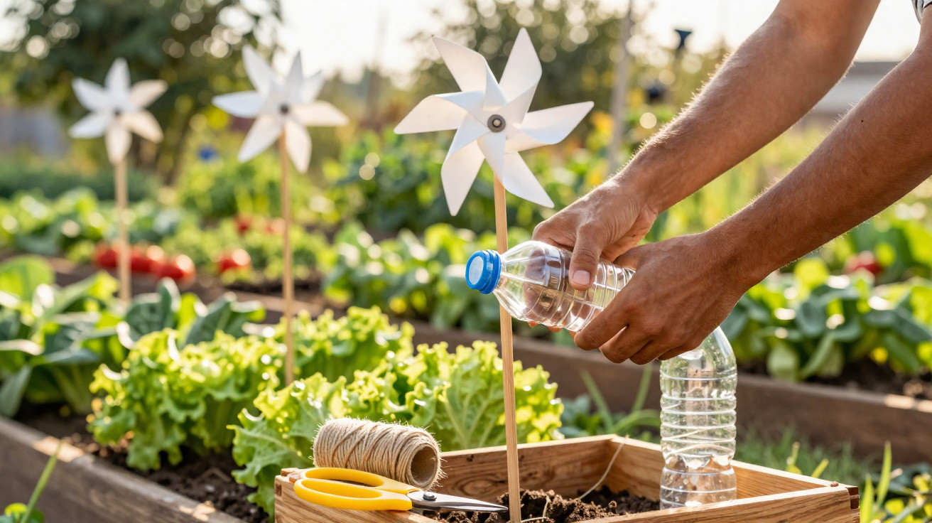 Hands pouring water into soil in a wooden planter with a white pinwheel and gardening tools nearby outdoors.