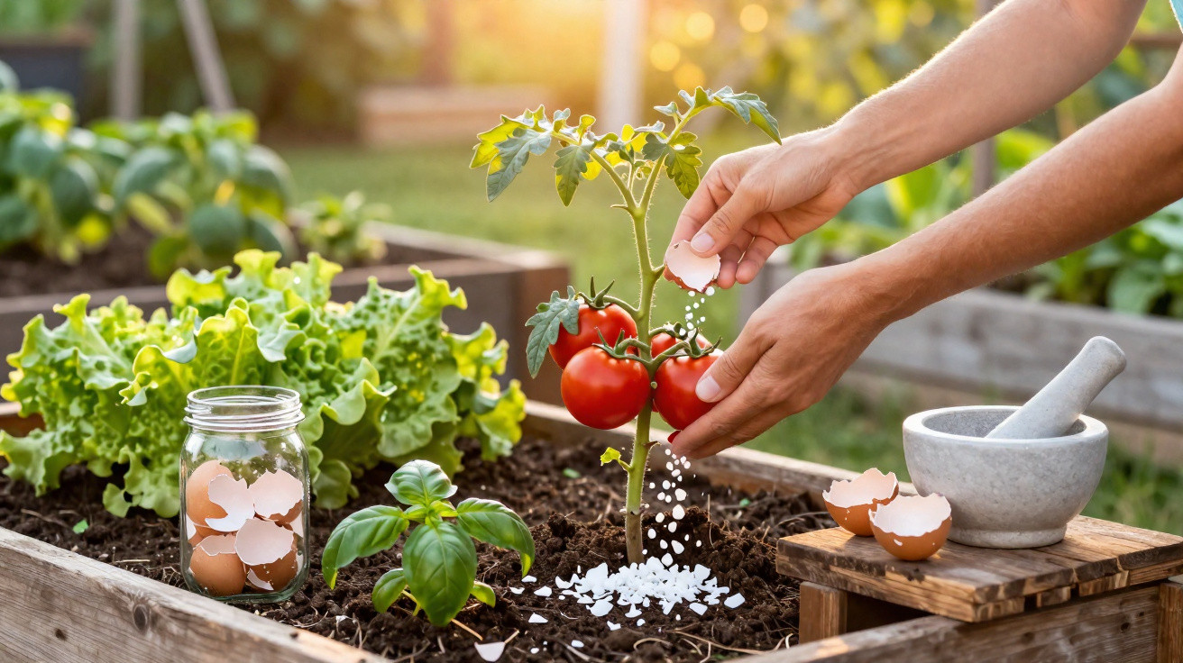Hands sprinkling crushed eggshells around a tomato plant in a raised garden bed with lettuce and basil.