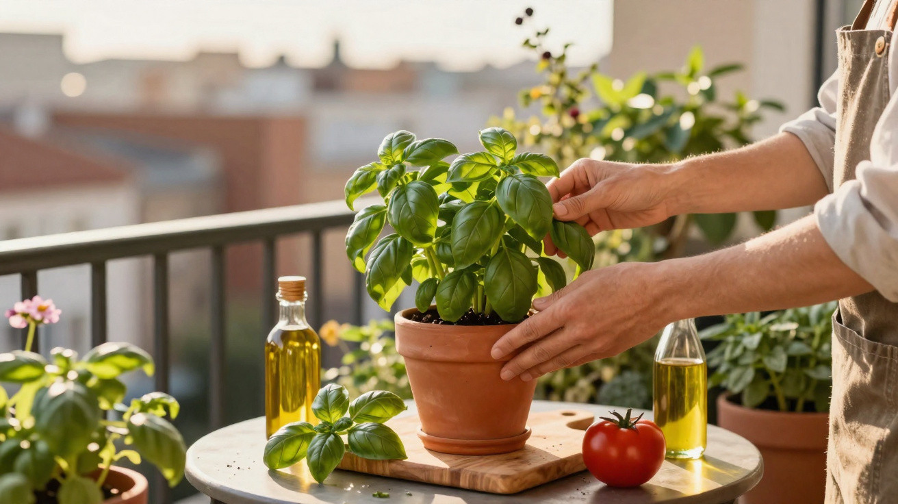 Person tending to a basil plant in a terracotta pot on a balcony table with olive oil and a tomato nearby.