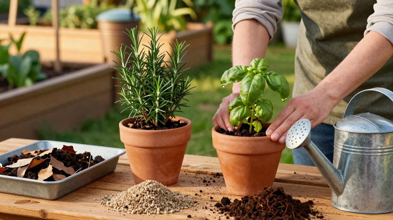 Person planting basil in a terracotta pot with rosemary in another pot and gardening tools on a wooden table outdoors.