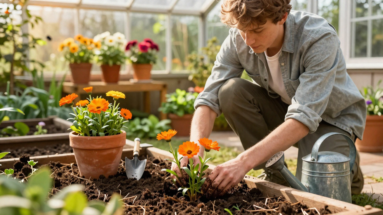 Young person planting orange flowers in a greenhouse garden bed with a watering can and trowel nearby