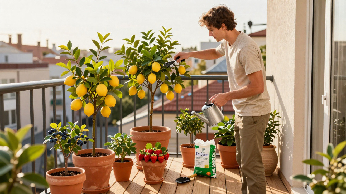Man watering lemon trees and plants on a sunlit balcony with gardening tools and soil bags nearby